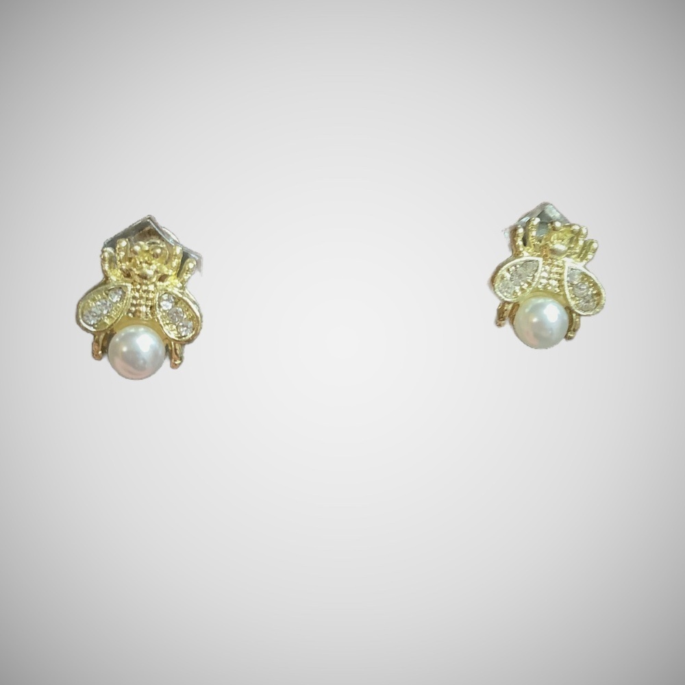 Dainty Gold Tone & Pearl Bee Earrings